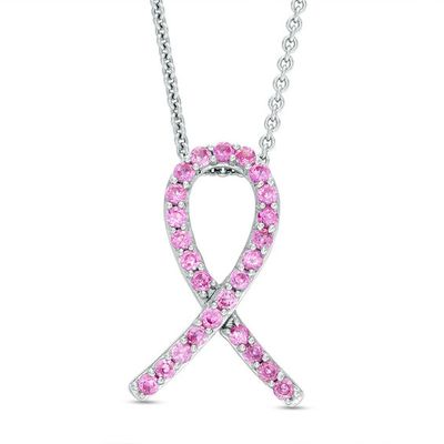 Lab-Created Pink Sapphire Awareness Ribbon Pendant in Sterling Silver