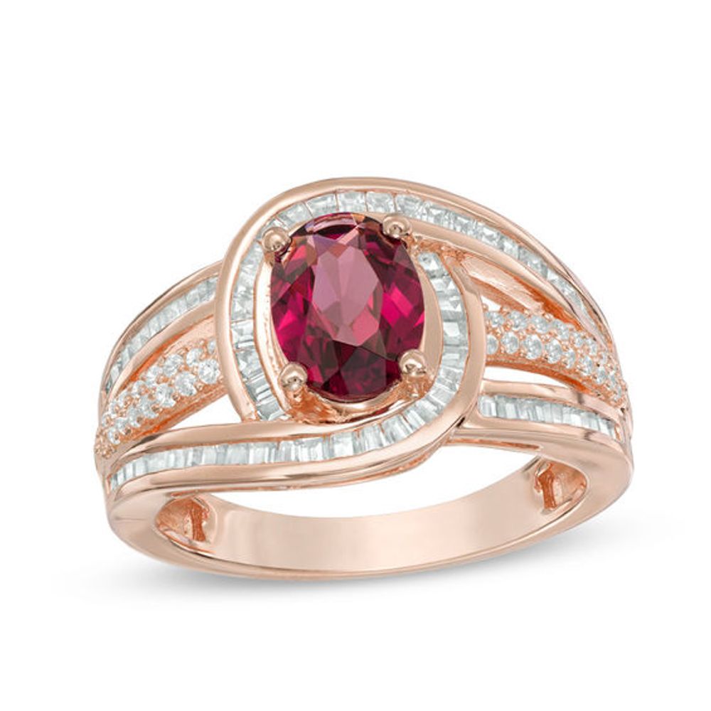 Oval Rhodolite Garnet and 5/8 CT. T.w. Diamond Swirl Frame Multi-Row Ring in 10K Rose Gold