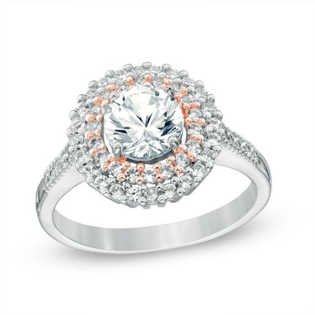 6.5mm Lab-Created White Sapphire Double Frame Ring in Sterling Silver and 18K Rose Gold Plate