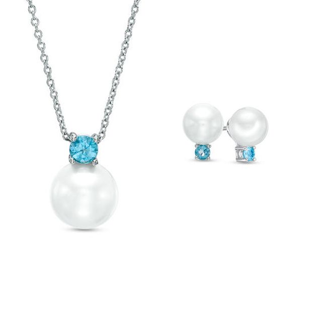 8.0-9.0mm Cultured Freshwater Pearl and Blue Topaz Pendant and Stud Earrings Set in Sterling Silver