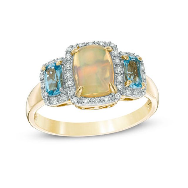 Cushion-Cut Opal, Swiss Blue Topaz and 1/10 CT. T.w. Diamond Frame Three Stone Ring in 10K Gold