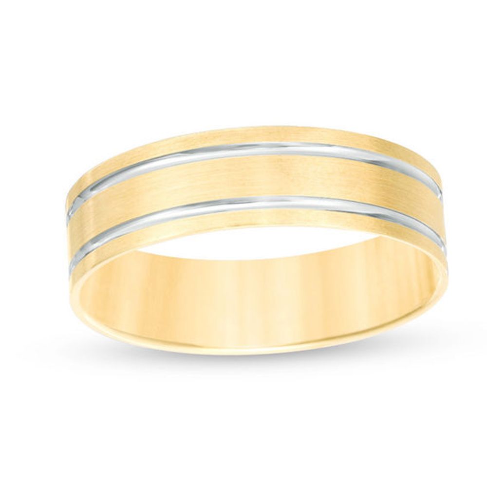 Men's 6.0mm Brushed Double Stripe Comfort Fit Wedding Band 10K Gold with White Rhodium