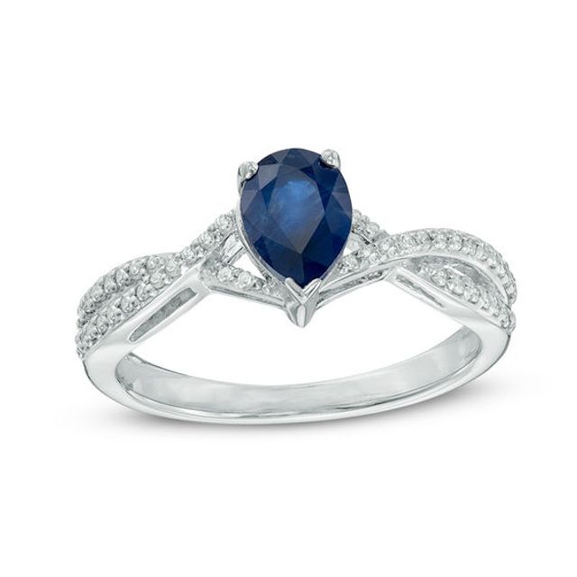 Pear-Shaped Blue Sapphire and 1/8 CT. T.w. Diamond Twisted Frame Ring in 10K White Gold