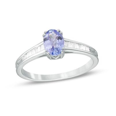 Oval Tanzanite and 1/6 CT. T.w. Baguette Diamond Ring in 10K White Gold