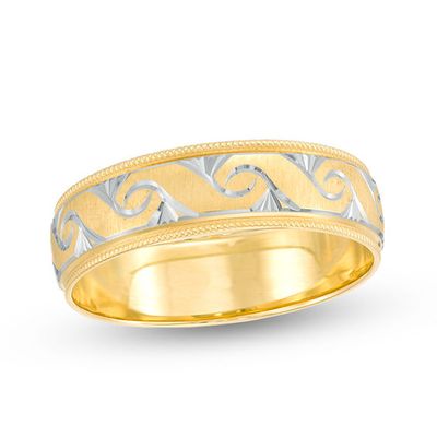 6.0mm Diamond-Cut Swirl Milgrain Edge Comfort Fit Wedding Band in 10K Gold with White Rhodium