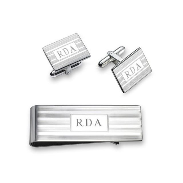 Men's Engravable Money Clip and Cuff Links Set in Sterling Silver (3 Initials)