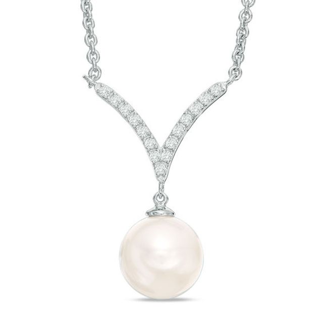 9.0-10.0mm Freshwater Cultured Pearl and Lab-Created White Sapphire "V" Drop Necklace in Sterling Silver