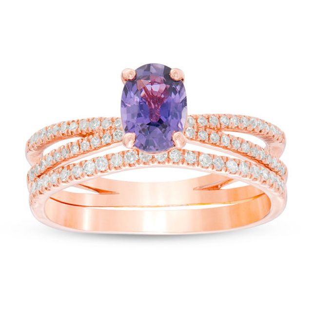 Oval Purple Sapphire and 1/6 CT. T.w. Diamond Split Shank Bridal Set in 14K Rose Gold