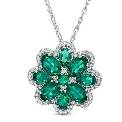 Multi-Shaped Lab-Created Emerald and White Sapphire Frame Flower Pendant in Sterling Silver