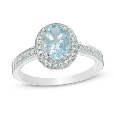 Oval Aquamarine and 1/10 CT. T.w. Diamond Frame Vintage-Style Ring in Sterling Silver