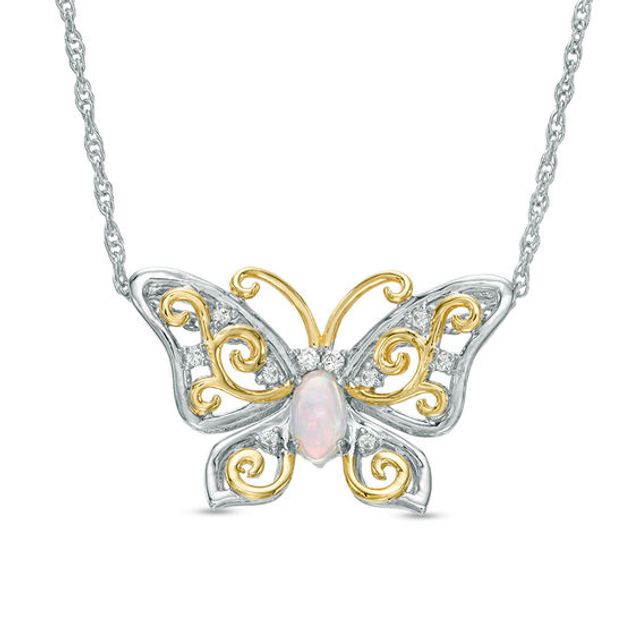 Oval Lab-Created Opal and White Sapphire Butterfly Necklace in Sterling Silver with 14K Gold Plate