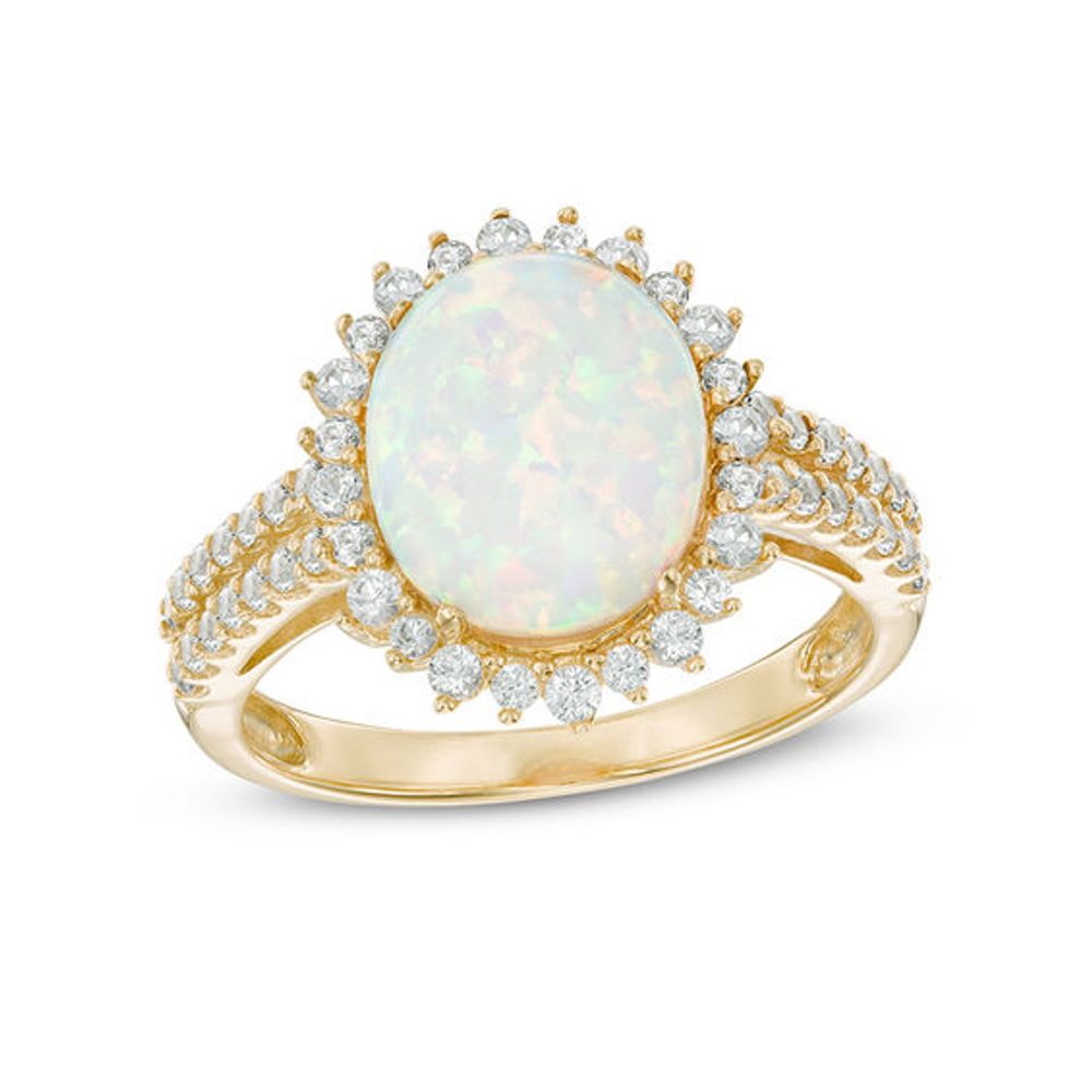 Oval Lab-Created Opal and White Sapphire Sunburst Frame Double Row Ring in 10K Gold