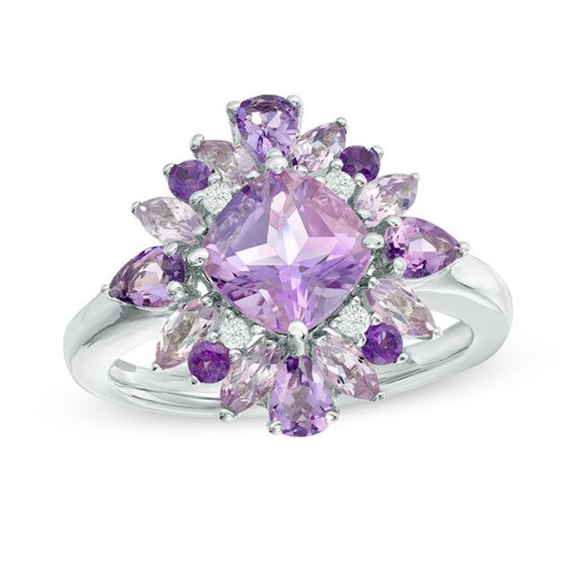 Cushion-Cut Amethyst, Rose de France and Lab-Created White Sapphire Floral Ring in Sterling Silver