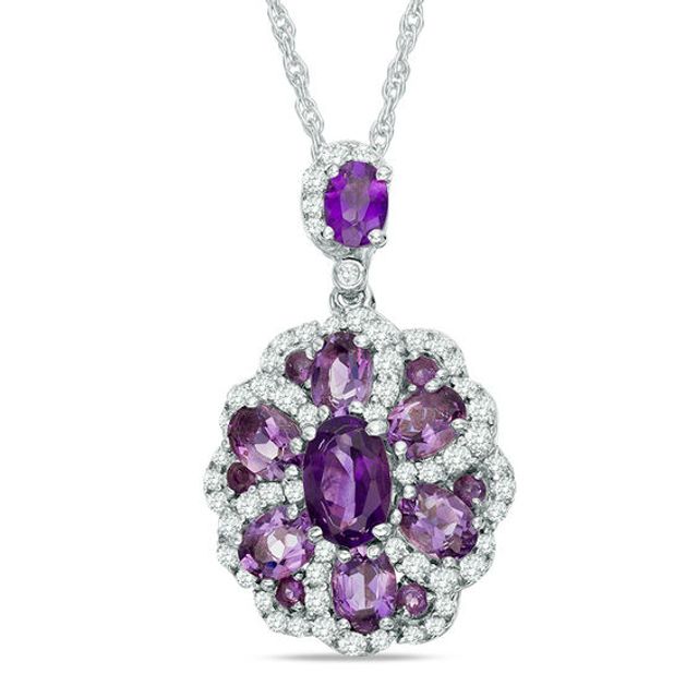 Oval Amethyst and White Topaz Frame Flower Pendant in Sterling Silver