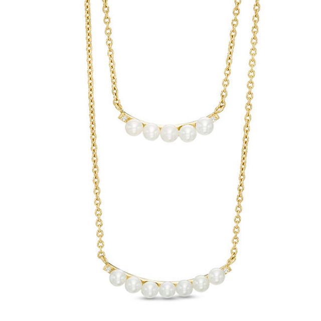 Freshwater Cultured Pearl and Lab-Created White Sapphire Double Strand Necklace in Sterling Silver with 14K Gold Plate