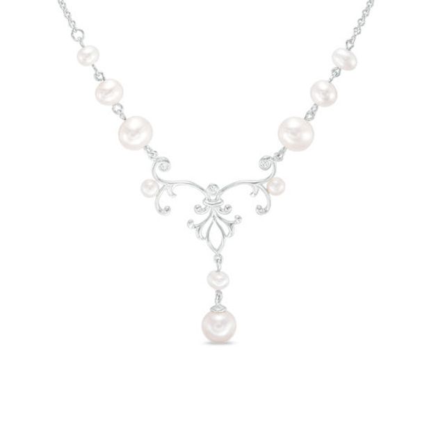9.0-10.0mm Freshwater Cultured Pearl and Lab-Created White Sapphire Scroll Drop Necklace in Sterling Silver