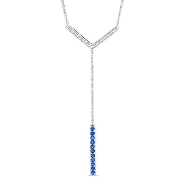 Lab-Created Blue Sapphire and 1/10 CT. T.w. Diamond Linear Bar "Y" Necklace in Sterling Silver - 21"