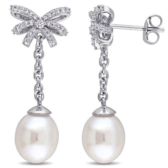 8.0 - 8.5mm Baroque Cultured Freshwater Pearl and 1/5 CT. T.w. Diamond Bow Drop Earrings in 10K White Gold