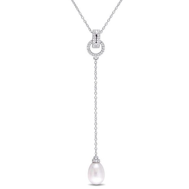 8.0-8.5mm Baroque Freshwater Cultured Pearl and White Topaz Buckle "Y" Pendant in Sterling Silver