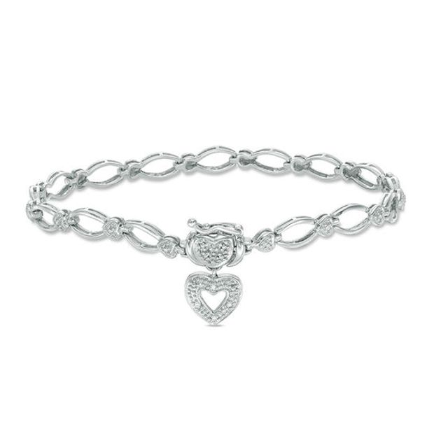 Diamond Accent Oval Link with Heart Charm Bracelet in Sterling Silver - 7.25"