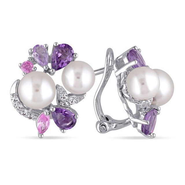 Freshwater Cultured Pearl, Amethyst and Lab-Created Pink and White Sapphire Cluster Earrings in Sterling Silver
