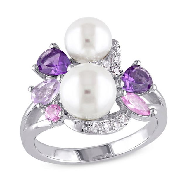 Freshwater Cultured Pearl, Amethyst and Lab-Created Pink and White Sapphire Cluster Ring in Sterling Silver