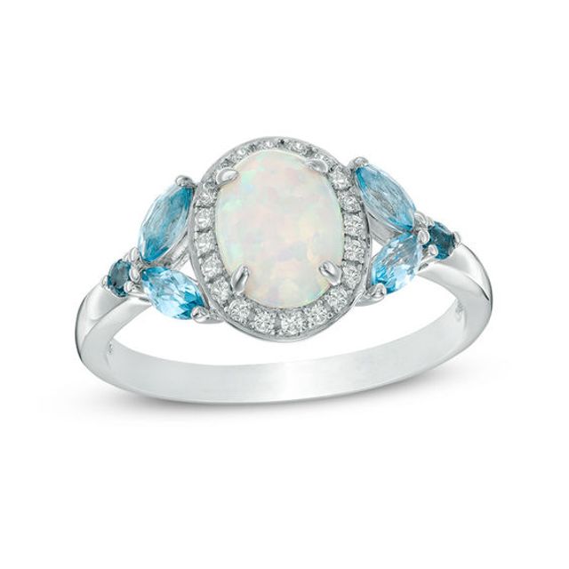 Oval Lab-Created Opal and White Sapphire Frame with London and Swiss Blue Topaz Ring in Sterling Silver