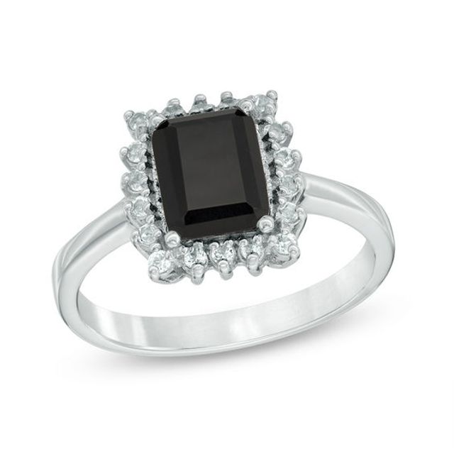 Emerald-Cut Onyx and White Topaz Starburst Frame Ring in Sterling Silver