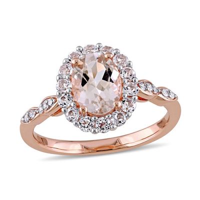 Oval Morganite, White Topaz and Diamond Accent Frame Engagement Ring 14K Rose Gold
