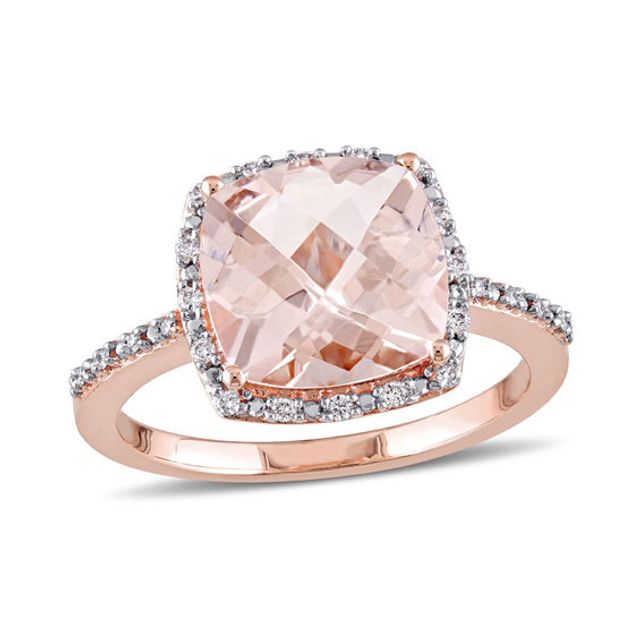 10.0mm Cushion-Cut Morganite and 1/10 CT. T.w. Diamond Frame Engagement Ring in 14K Rose Gold