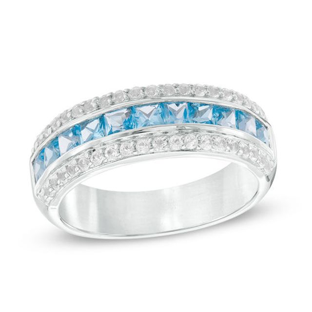 Princess-Cut Swiss Blue and White Topaz Triple Row Band in Sterling Silver