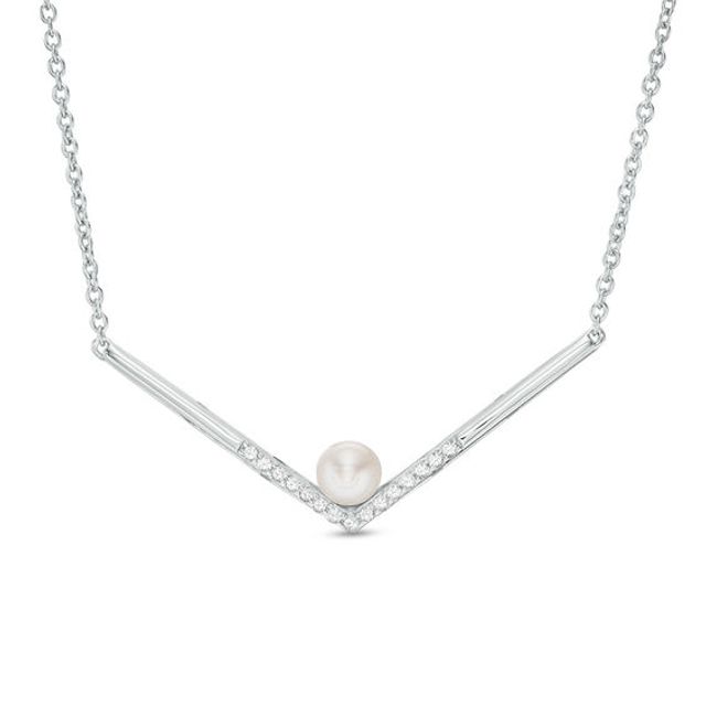 5.0-5.5mm Freshwater Cultured Pearl and Lab-Created White Sapphire Chevron Necklace in Sterling Silver