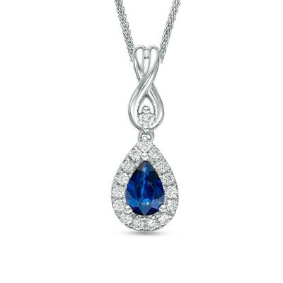 Vera Wang Love Collection Pear-Shaped Blue Sapphire and 1/6 CT. T.w. Diamond Frame Pendant in 14K White Gold - 19"