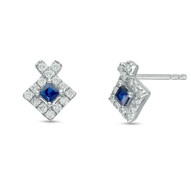Vera Wang Love Collection Princess-Cut Blue Sapphire 1/4 CT. T.w. Diamond Frame Stud Earrings in Sterling Silver