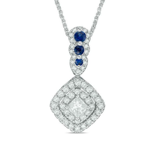 Vera Wang Love Collection 3/8 CT. T.w. Diamond and Blue Sapphire Double Frame Pendant in 14K White Gold - 19"