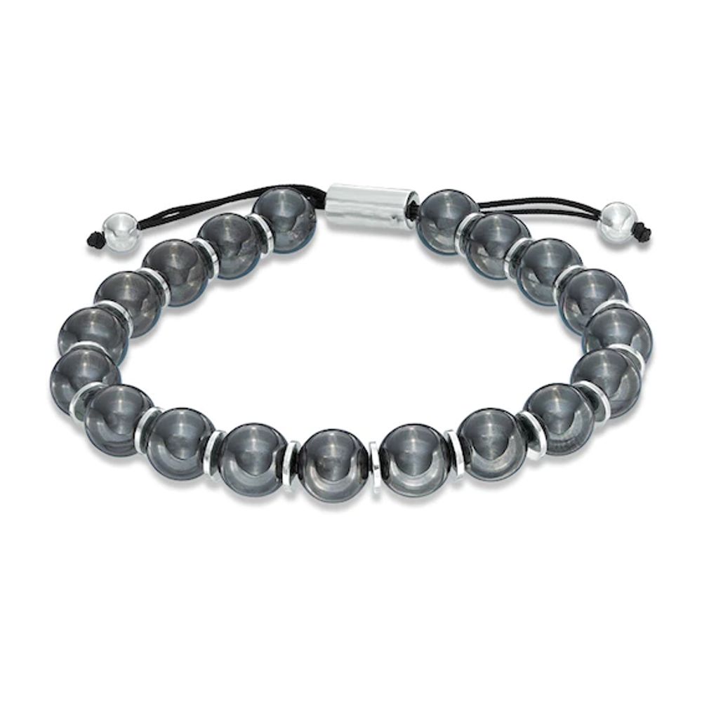 Men's 10.0mm Black Hematite Beaded Bolo Bracelet in Sterling Silver - 8.5"