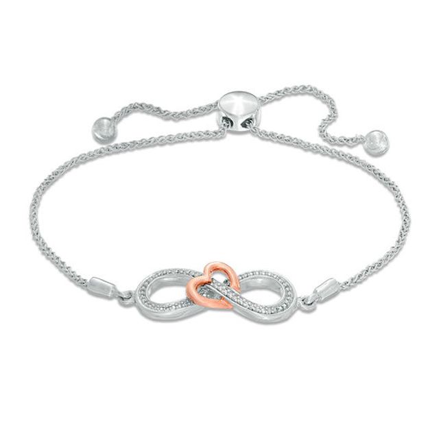 Diamond Accent Infinity and Heart Bolo Bracelet in Sterling Silver and 10K Rose Gold - 9.5"