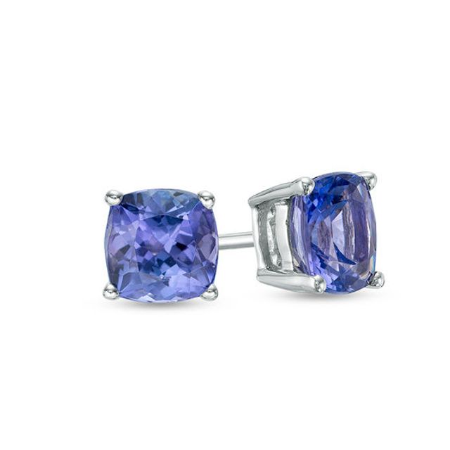 6.0mm Cushion-Cut Tanzanite Solitaire Stud Earrings in 14K White Gold