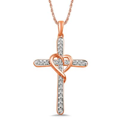 1/8 CT. T.w. Diamond Cross with Heart Pendant in 10K Rose Gold