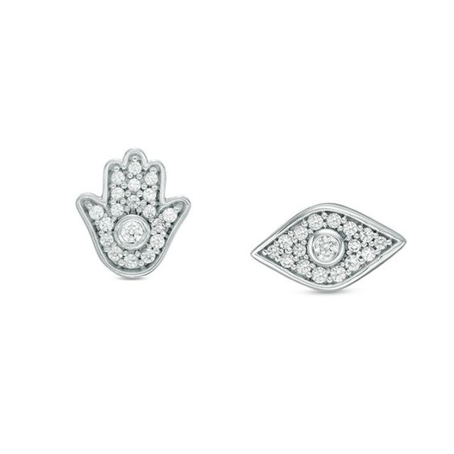 1/6 CT. T.w. Diamond Hamsa and Evil Eye Mismatch Stud Earrings in Sterling Silver