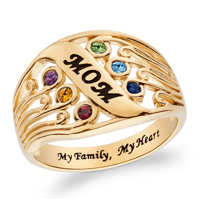 Mother's Simulated Birthstone Multi-Row Scrollwork Ring in Sterling Silver with 18K Gold Plate (1-6 Stones)