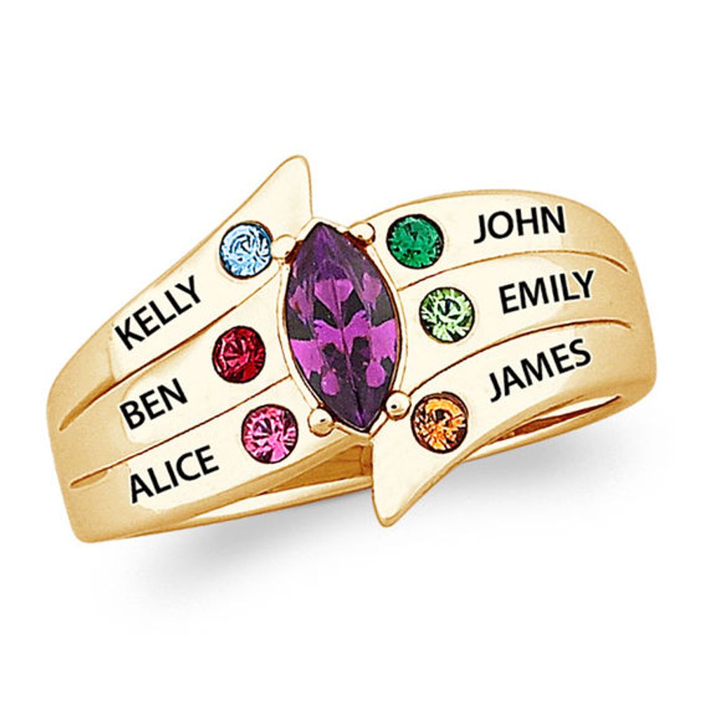 Mother's Marquise Simulated Birthstone Ring in Sterling Silver with 18K Gold Plate (7 Stones and 6 Names)