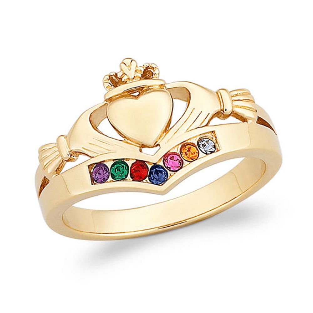 Mother's Simulated Birthstone Claddagh Ring in Sterling Silver with 18K Gold Plate (1-7 Stones)