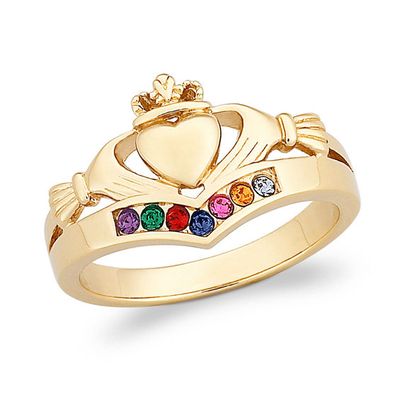 Mother's Simulated Birthstone Claddagh Ring in Sterling Silver with 18K Gold Plate (1-7 Stones)