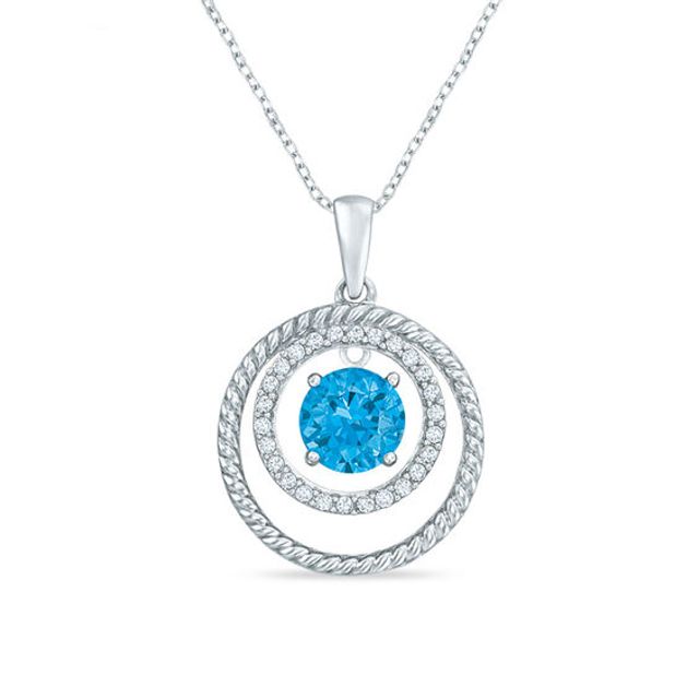 6.0mm Swiss Blue Topaz and Lab-Created White Sapphire Double Circle Pendant in Sterling Silver