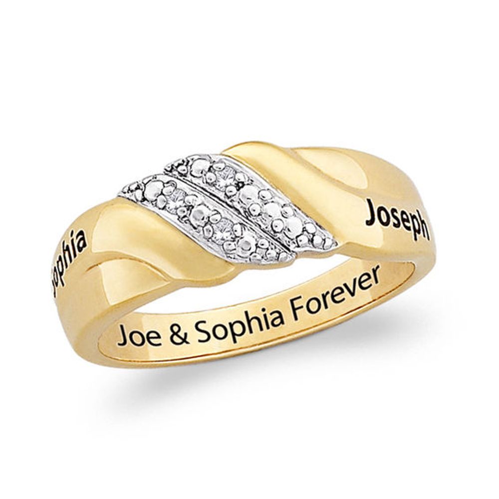 Couple's Diamond Accent Double Wave Engravable Wedding Band in Sterling Silver with 18K Gold Plate (3 Lines)