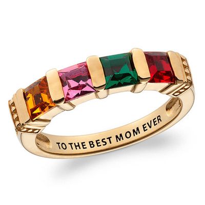 Mother's Channel-Set Princess-Cut Simulated Birthstone Collar Ring in Sterling Silver with 18K Gold Plate (4 Stones and 1 Line)