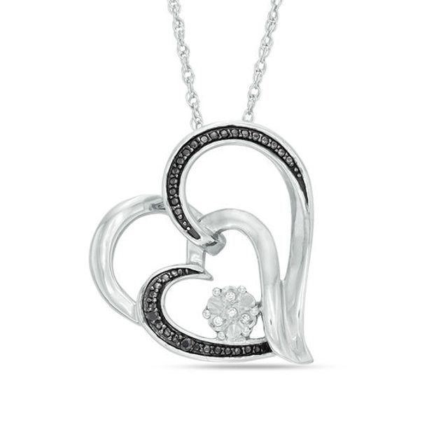 Enhanced Black and White Diamond Accent Tilted Double Heart Pendant in Sterling Silver