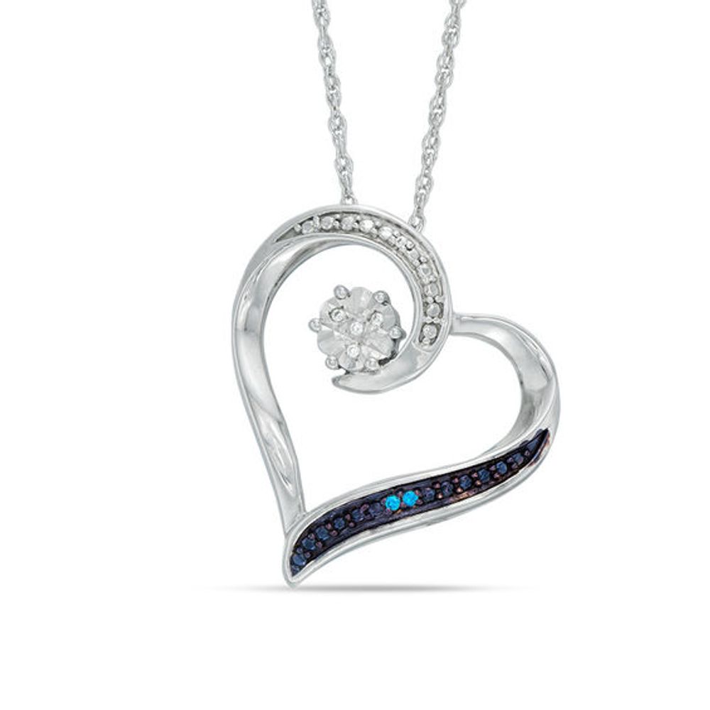 Enhanced Blue and White Diamond Accent Tilted Heart Pendant in Sterling Silver