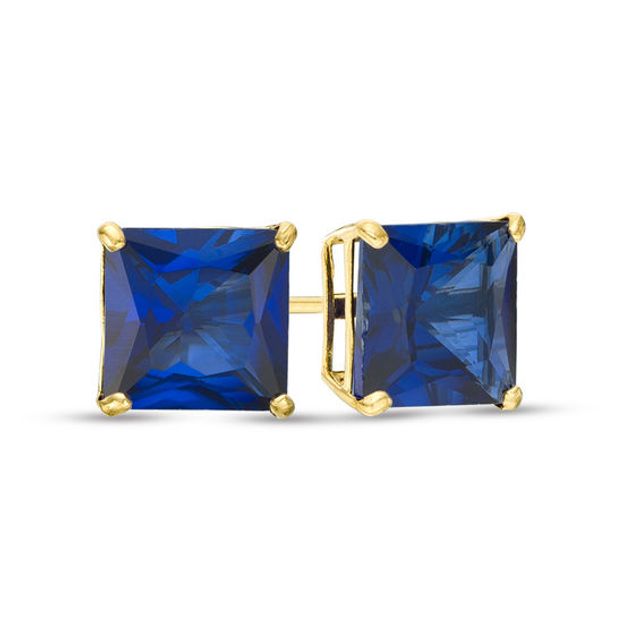 6.0mm Princess-Cut Lab-Created Blue Sapphire Solitaire Stud Earrings in 10K Gold